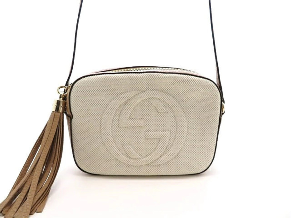 Gucci Soho Shoulder Bag Canvas Calfskin Ivory White Brown